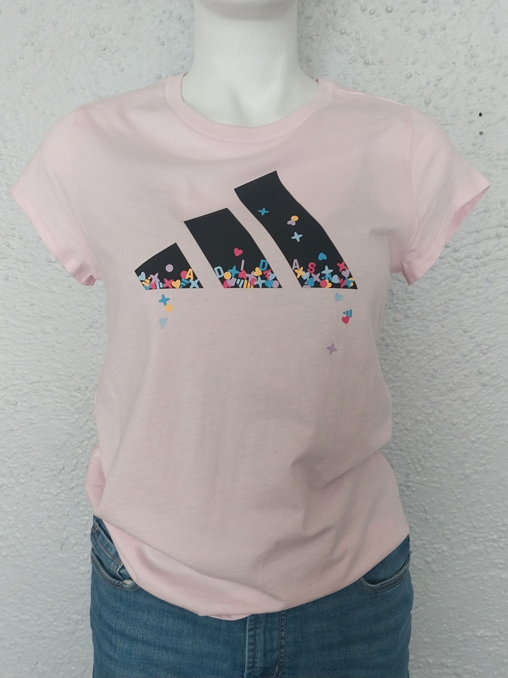 adidas Light Pink Short Sleeve Tee with Black Confetti Logo